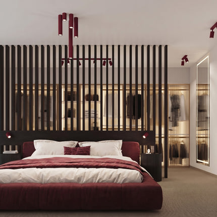 Plafonnier Oslo barre 6 spots orientables 117 cm bordeaux dans une pièce à vivre