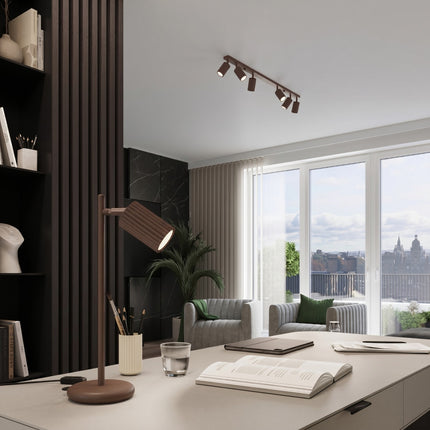 Plafonnier Oslo barre 6 spots orientables 117 cm brun chocolat au-dessus d'un plan de travail