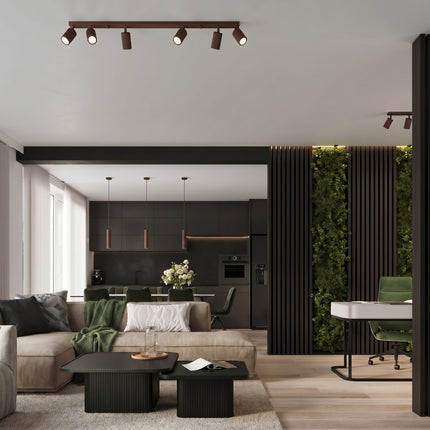 Plafonnier Oslo barre 6 spots orientables 117 cm brun chocolat, mécanisme et platine de montage