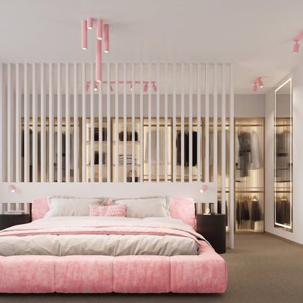 Plafonnier Oslo barre 6 spots orientables 117 cm rose poudré dans une pièce à vivre