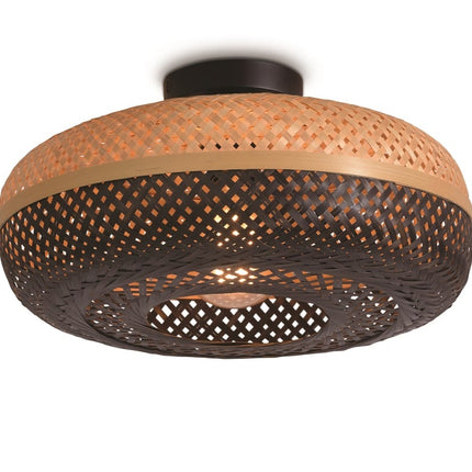 Plafonnier Palawan 40 cm en bambou tressé noir et naturel, vue d'ensemble sur fond blanc
