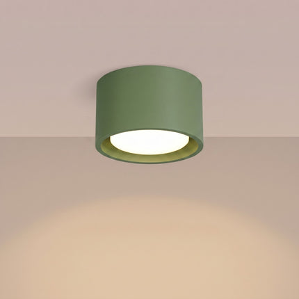 Plafonnier Pastille vert olive, lumière allumée