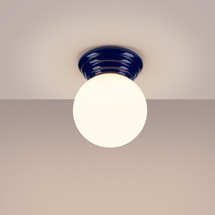 plafonnier perle céramique bleu outremer ip44, lumière allumée