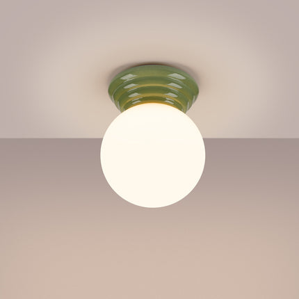 plafonnier perle céramique vert olive ip44, lumière allumée