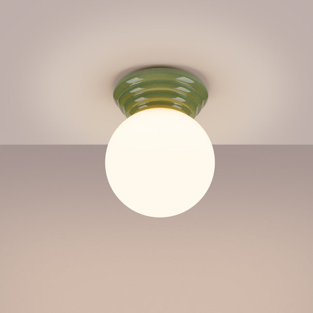plafonnier perle céramique vert olive ip44, lumière allumée