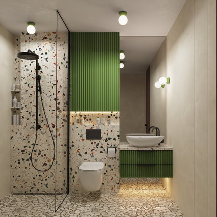 plafonnier perle céramique vert olive ip44, vue d'ambiance