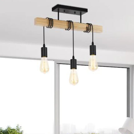 Plafonnier poutre en bois industriel à 3 ampoules Edison installé près d'une fenêtre