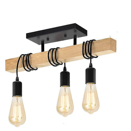Plafonnier poutre en bois industriel à 3 douilles E27 et câbles enroulés, ampoules Edison
