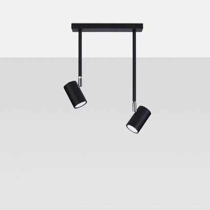 Vue rapprochée des deux tiges fines et des têtes pivotantes du plafonnier noir double spot