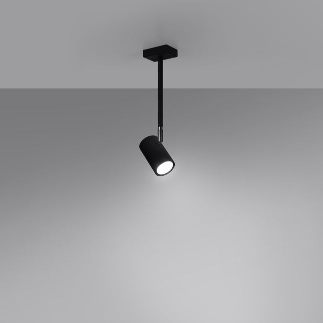 Détail de la tête cylindrique et de l'articulation chromée du plafonnier Précision Moderne noir