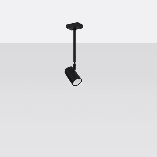 Plafonnier Précision Moderne noir vu de profil, tige fine et tête orientable en acier noir