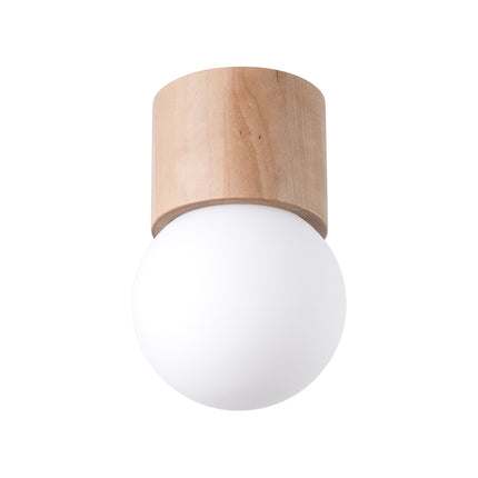 Plafonnier Pure Bois Naturel, cylindre en bois clair et globe en verre opale, vue de face sur fond blanc