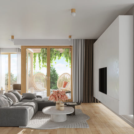 Plafonnier Pure Bois Naturel en situation dans un salon lumineux ouvert sur l'extérieur