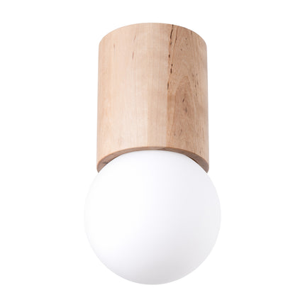 Plafonnier Pure Bois Naturel, cylindre en bois clair et globe blanc, vue de face sur fond blanc
