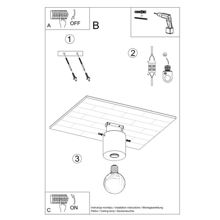 Schéma de montage au plafond du plafonnier cylindre en bois : raccordement électrique et fixation.