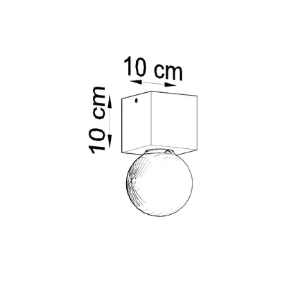 Schéma coté du plafonnier cube en bois : 10 cm de côté sur 10 cm de hauteur, source lumineuse sous le cube.