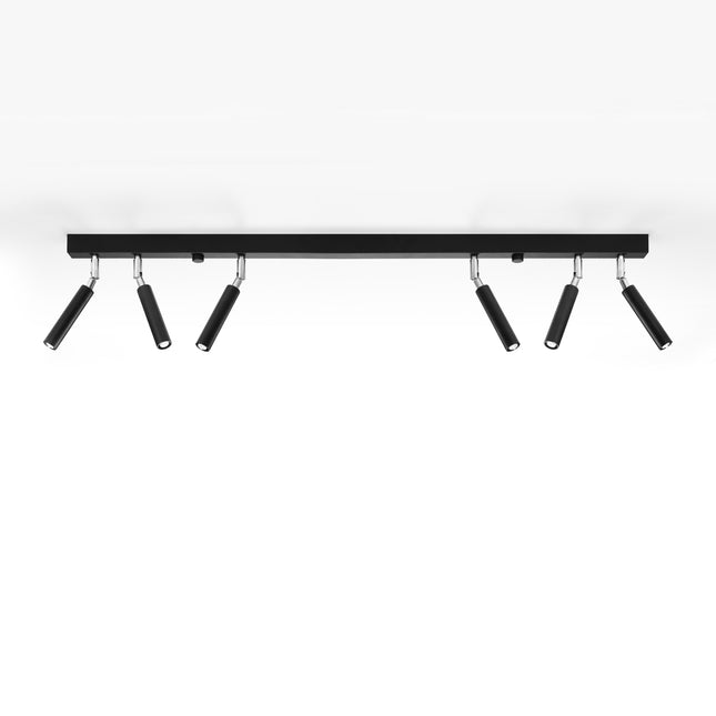 Plafonnier rampe 6 spots orientables en acier noir mat, vue de face sur fond blanc