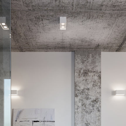 Plafonnier Rectangle Blanc en aluminium à deux spots gros plan sur la source lumineuse