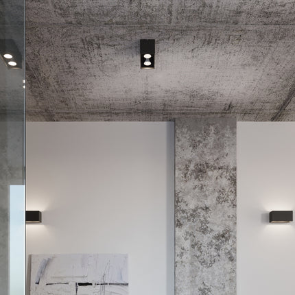 Plafonnier Rectangle Noir en aluminium à deux spots gros plan sur la source lumineuse