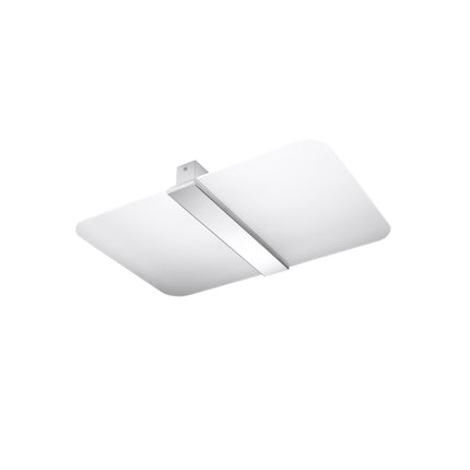 Plafonnier rectangulaire en verre blanc avec bande chromée centrale, fixation plafond.