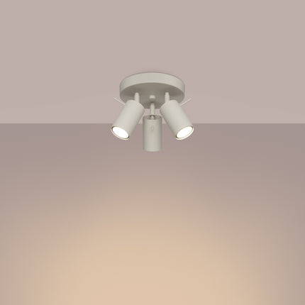 plafonnier rond 3 spots orientables beige, lumière allumée