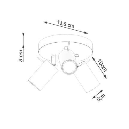 plafonnier rond 3 spots orientables beige, schéma de cotes