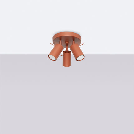 plafonnier rond 3 spots orientables rouge ocre, vue en situation