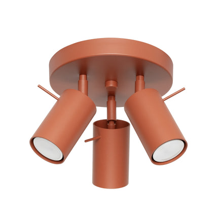 plafonnier rond 3 spots orientables rouge ocre, packshot sur fond blanc