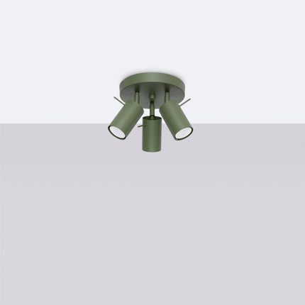 plafonnier rond 3 spots orientables vert olive, vue en situation