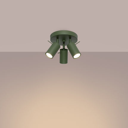 plafonnier rond 3 spots orientables vert olive, lumière allumée