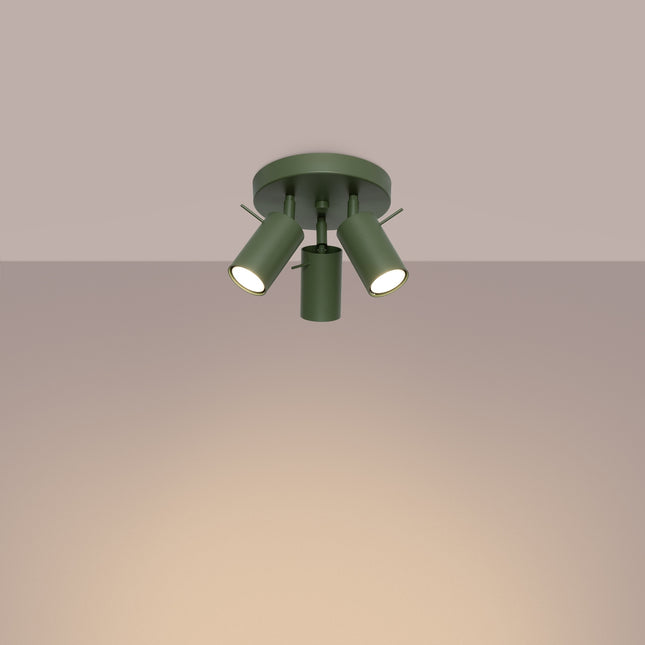 plafonnier rond 3 spots orientables vert olive, lumière allumée