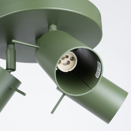 plafonnier rond 3 spots orientables vert olive, packshot de trois quarts