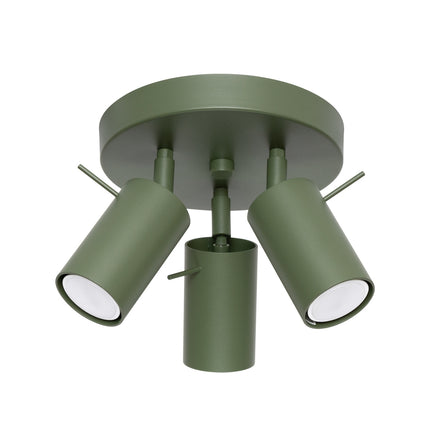 plafonnier rond 3 spots orientables vert olive, packshot sur fond blanc