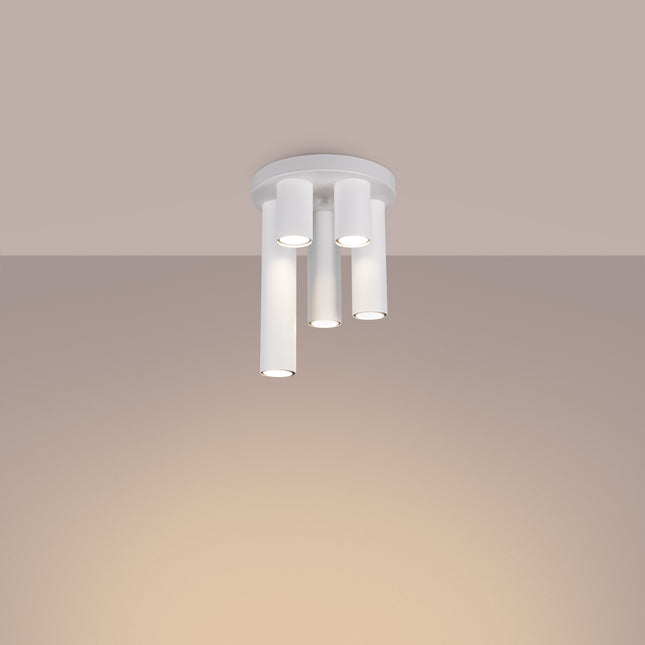 plafonnier rond 5 tubes cascade blanc, lumière allumée