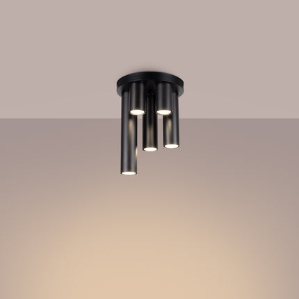 plafonnier rond 5 tubes cascade noir, lumière allumée