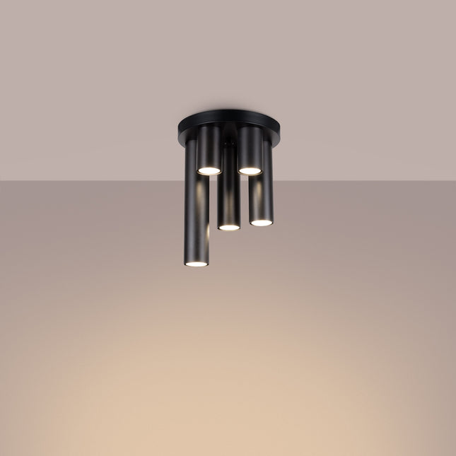 plafonnier rond 5 tubes cascade noir, lumière allumée