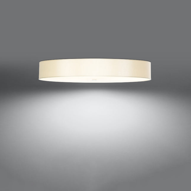 Plafonnier rond en tissu blanc de 100 cm, abat-jour tambour et diffuseur en verre, allumé sur fond gris