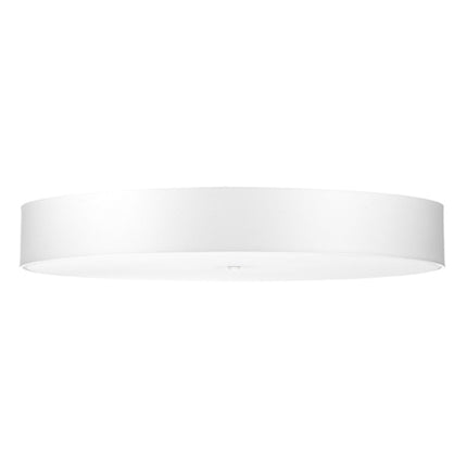 Gros plan du plafonnier rond en tissu blanc de 100 cm, diffuseur en verre éclairé en partie basse