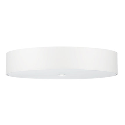 Gros plan du plafonnier rond en tissu blanc de 70 cm, diffuseur en verre éclairé en partie basse