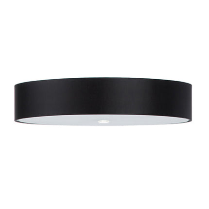 Gros plan du plafonnier rond en tissu noir de 70 cm, diffuseur en verre blanc éclairé en partie basse