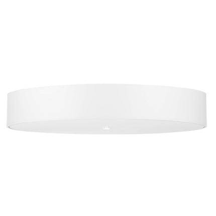 Gros plan du plafonnier rond en tissu blanc de 80 cm, diffuseur en verre éclairé en partie basse