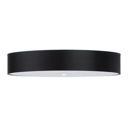 Gros plan du plafonnier rond en tissu noir de 80 cm, diffuseur en verre blanc éclairé en partie basse