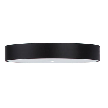 Gros plan du plafonnier rond en tissu noir de 90 cm, diffuseur en verre blanc éclairé en partie basse