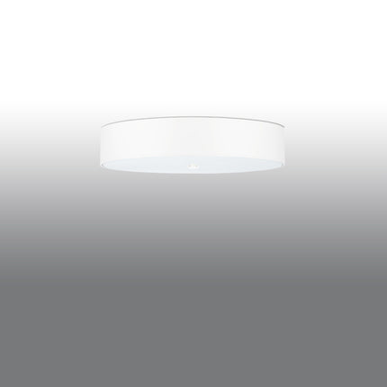 Plafonnier tissu blanc rond 60 cm vu de face, diffuseur en verre allumé