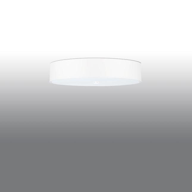 Plafonnier tissu blanc rond 60 cm vu de face, diffuseur en verre allumé