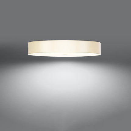 Plafonnier rond tissu blanc vu de profil avec diffuseur verre en sous-face