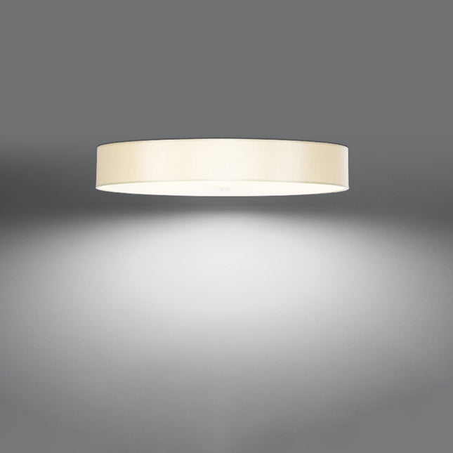Plafonnier rond tissu blanc vu de profil avec diffuseur verre en sous-face