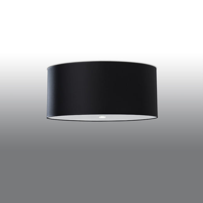 Plafonnier rond en tissu noir de 60 cm avec diffuseur en verre, vue de face