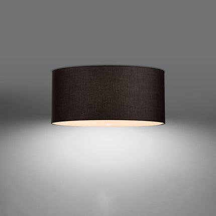 Plafonnier tissu noir rond, vue légèrement plongeante montrant le diffuseur en verre