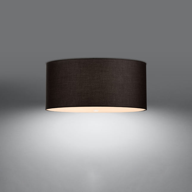Plafonnier tissu noir rond, vue légèrement plongeante montrant le diffuseur en verre